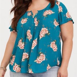 🔥SALE🔥Torrid Pintuck Georgette Turquoise Floral Plus Size Blouse LIKE NEW